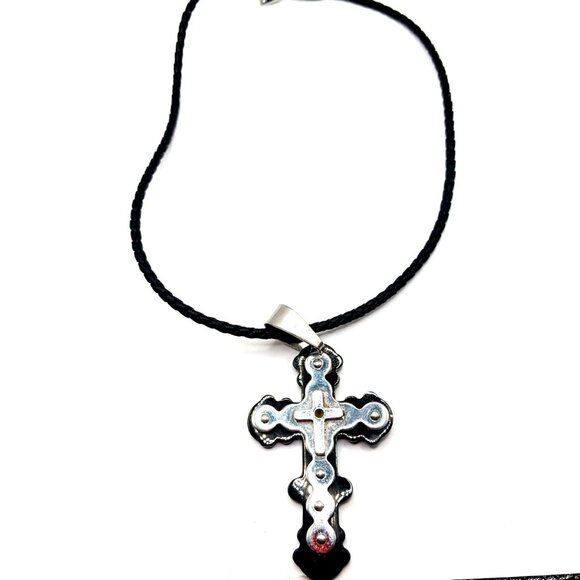 Black + Silver Stainless Steel Cross On Black Cord Choker Necklace 16 " - Picture 8 of 10